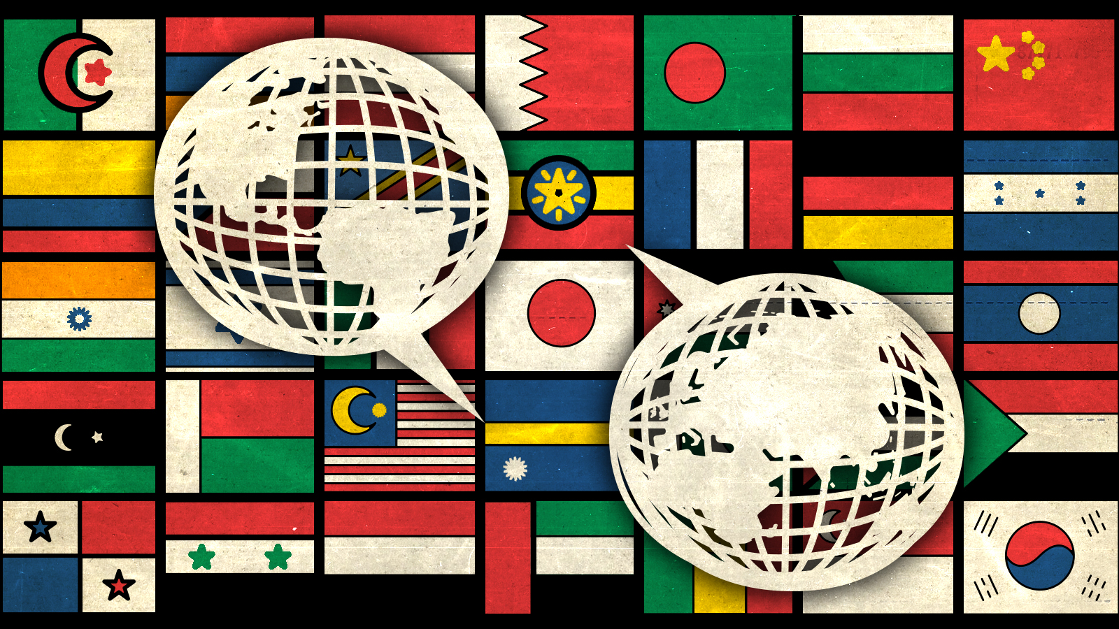 Photoillustration of flags from around the world and speech bubbles