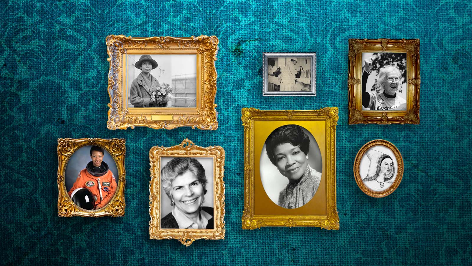 portraits of women in frames on a wall with blue, patterned wallpaper